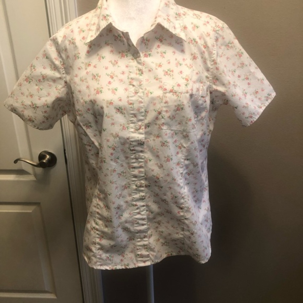 Vintage Basic Editions Button Up Blouse White Pink Roses Size Large